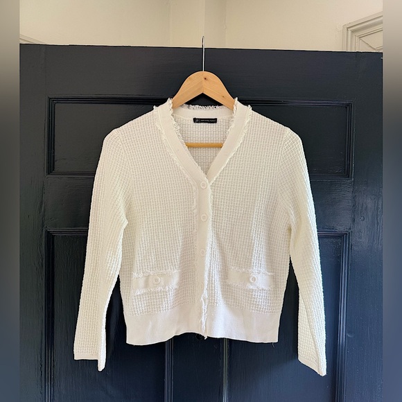 Adrianna Papell Frayed Waffle Knit Cardigan, Small, White - Picture 3 of 13